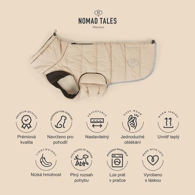 Nomad Tales München psí obleček, viditelné texty: Prémiová kvalita, Navrženo pro pohodlí, Nastavitelný, Jednoduché oblékání, Uvnitř teplý, Nízká hmotnost, Plný rozsah pohybu, Lze prát v pračce, Vyrobeno s láskou.