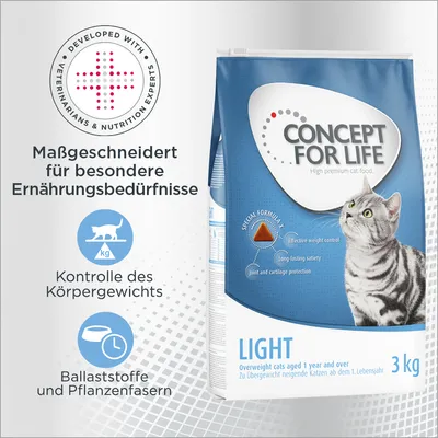 Sac Concept for Life Light 3 kg pour chats, mentions en anglais et allemand : contrôle du poids, satiété durable, protection des articulations, fibres végétales. Texte non traduit visible.