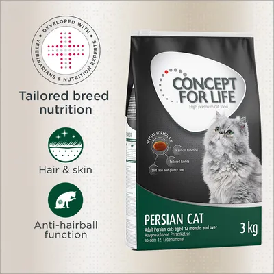 Concept for Life Persian Cat 3kg food, developed with veterinarians and nutrition experts. Features tailored breed nutrition, hair and skin support, and anti-hairball function.