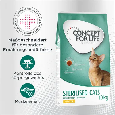 Concept for Life Sterilised Cats, 10kg, mit Huhn. Massgeschneidert für besondere Ernährungsbedürfnisse: Kontrolle des Körpergewichts, Muskelerhalt, hohe Verdaulichkeit, Unterstützung der Harnwege. Concept for Life Sterilised Cats, 10kg, mit Huhn. Massgeschneidert für besondere Ernährungsbedürfnisse: Kontrolle des Körpergewichts, Muskelerhalt, hohe Verdaulichkeit, Unterstützung der Harnwege.