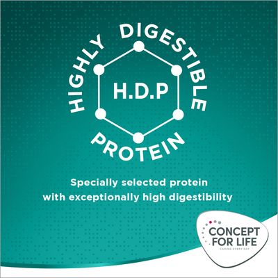 Highly digestible protein, H.D.P. Specially selected protein with exceptionally high digestibility. Concept for Life.