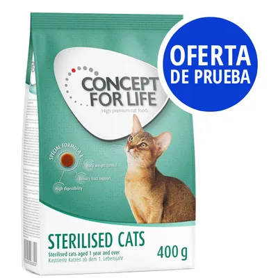 Concept for Life Sterilised Cats 400 g, oferta de prueba. Texto en inglés: body weight control, urinary tract support, high digestibility. Imagen de un gato en el envase.