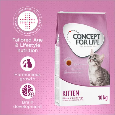 Concept for Life kitten food, 10kg. Developed with veterinarians and nutrition experts. Tailored age and lifestyle nutrition. Supports harmonious growth and brain development.