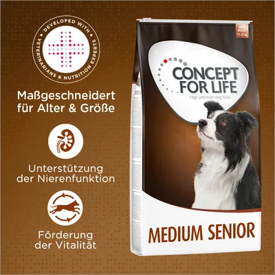 Concept for Life Medium Senior Hundefutter. Maßgeschneidert für Alter & Größe, Unterstützung der Nierenfunktion, Förderung der Vitalität. Entwickelt mit Tierärzten und Ernährungsexperten. Concept for Life Medium Senior Hundefutter. Maßgeschneidert für Alter & Größe, Unterstützung der Nierenfunktion, Förderung der Vitalität. Entwickelt mit Tierärzten und Ernährungsexperten.