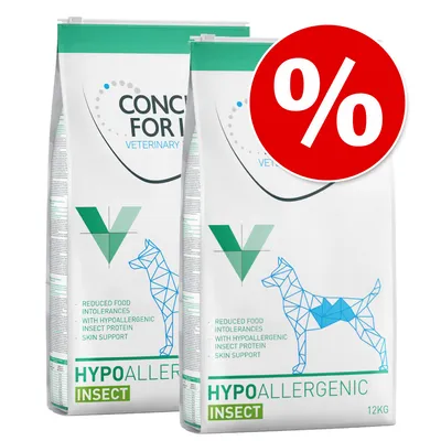 Concept for Life Veterinary Hypoallergenic Insect, 12 kg. Znížené potravinové intolerancie s hypoalergénnym hmyzím proteínom a podpora pokožky. Viditeľný symbol zľavy.