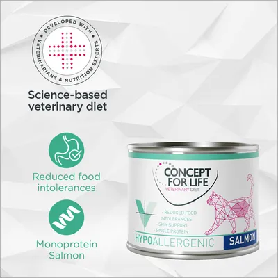 Science-based veterinary diet with reduced food intolerances, monoprotein salmon, and skin support. Developed with veterinarians and nutrition experts. Hypoallergenic salmon tin shown.