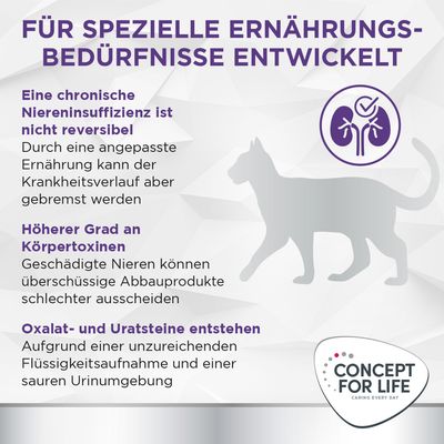 Für spezielle Ernährungsbedürfnisse entwickelt. Hinweise zu chronischer Niereninsuffizienz, Körpertoxinen und Steinbildung. Concept for Life Logo unten rechts.