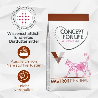 Concept for Life Veterinary Diet Gastrointestinal. Wissenschaftlich fundiertes Diätfuttermittel, Ausgleich von Nährstoffverlusten, leicht verdaulich. Entwickelt mit Tierärzten. Concept for Life Veterinary Diet Gastrointestinal. Wissenschaftlich fundiertes Diätfuttermittel, Ausgleich von Nährstoffverlusten, leicht verdaulich. Entwickelt mit Tierärzten.