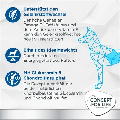 Unterstützt den Gelenkstoffwechsel, Erhalt des Idealgewichts, Mit Glukosamin & Chondroitinsulfat. Concept for Life - Caring Every Day.
