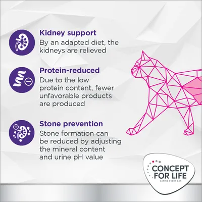 Kidney support, protein-reduced and stone prevention benefits: adapted diet relieves kidneys, low protein reduces unfavourable products, mineral content and urine pH help prevent stones.