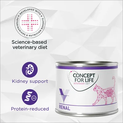 Science-based veterinary diet with kidney support and protein-reduced features, developed with veterinarians and nutrition experts. Concept for Life Renal can shown.