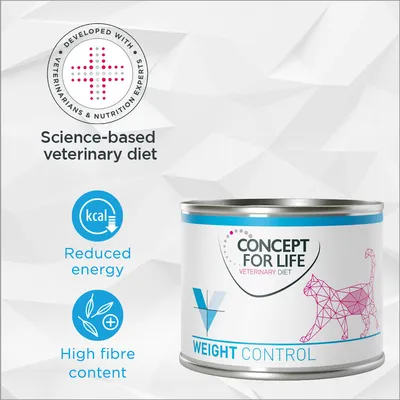 Science-based veterinary diet with reduced energy and high fibre content, developed with veterinarians and nutrition experts. Concept for Life Weight Control tin shown. Science-based veterinary diet with reduced energy and high fibre content, developed with veterinarians and nutrition experts. Concept for Life Weight Control tin shown.