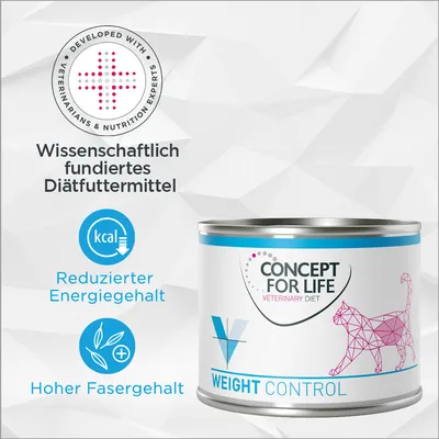 Concept for Life Veterinary Diet Weight Control. Wissenschaftlich fundiertes Diätfuttermittel mit reduziertem Energiegehalt und hohem Fasergehalt. Entwickelt mit Tierärzten und Ernährungsexperten.