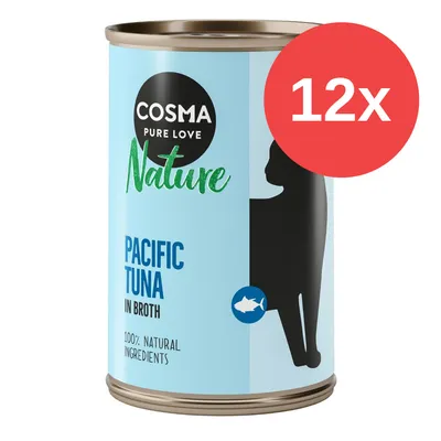 Lata de Cosma Nature Pacific Tuna in Broth, 100% natural ingredients, pack de 12 unidades. Texto en inglés visible en el envase. Lata de Cosma Nature Pacific Tuna in Broth, 100% natural ingredients, pack de 12 unidades. Texto en inglés visible en el envase.