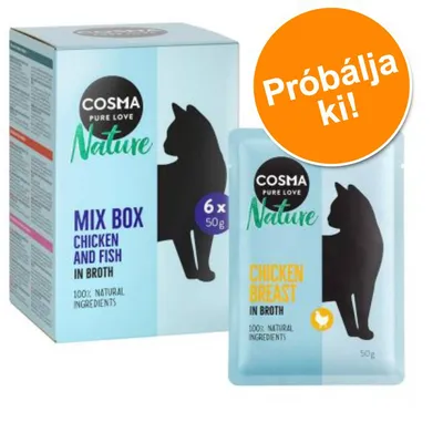 Cosma Nature Mix Box macskaeledel, 6×50 g, csirke és hal, 100% natural ingredients. Próbálja ki! felirat narancssárga körben a csomagoláson.