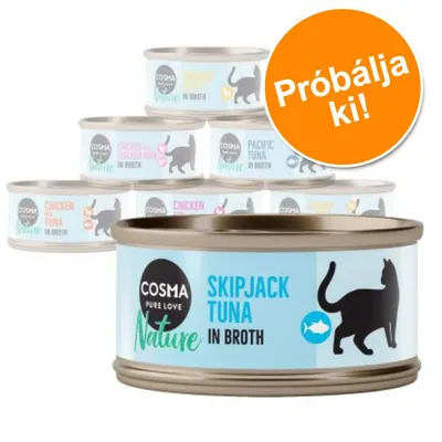 Cosma Nature macskaeledel konzerv, elöl: Skipjack Tuna in Broth. Narancssárga körben: Próbálja ki! Többféle íz látható a háttérben.