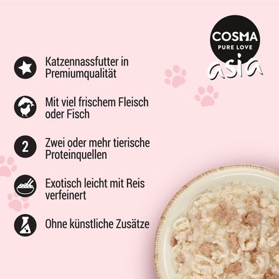 Cosma Asia Katzennassfutter: Premiumqualität, viel frisches Fleisch oder Fisch, zwei oder mehr tierische Proteinquellen, exotisch mit Reis verfeinert, ohne künstliche Zusätze.