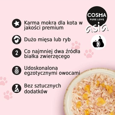 COSMA PURE LOVE asia. Karma mokra dla kota: jakość premium, dużo mięsa lub ryb, co najmniej dwa źródła białka zwierzęcego, egzotyczne owoce, bez sztucznych dodatków.