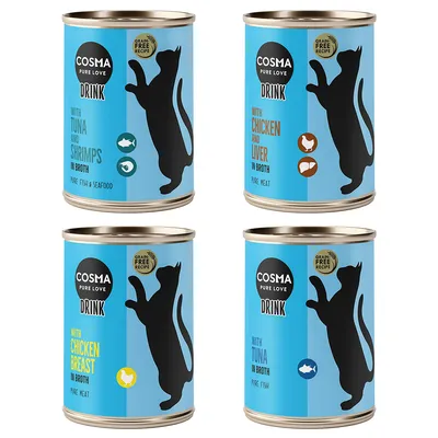 Cosma Pure Love Drink, receta sin cereales. Variedades: atún y gambas, pollo e hígado, pechuga de pollo, atún en caldo.
