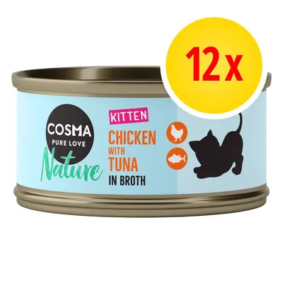 Cosma Nature Pure Love Kitten Chicken with Tuna in Broth, boîte pour chaton, lot de 12 x. Texte et illustrations visibles sur l’emballage.