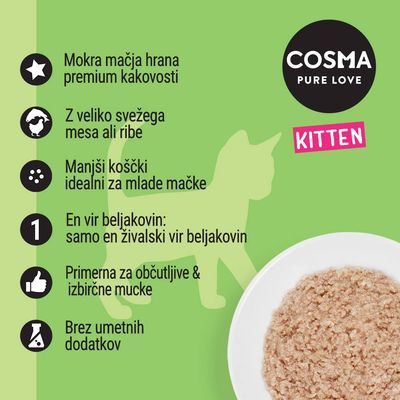 COSMA PURE LOVE KITTEN. Mokra mačja hrana premium kakovosti, veliko svežega mesa ali ribe, manjši koščki za mlade mačke, en živalski vir beljakovin, brez umetnih dodatkov.