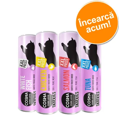 Cosma Pure Love Snackies XXL Pieces pentru pisici, sortimente: White Fish, Chicken, Salmon, Tuna. Text promoțional portocaliu: Încearcă acum!