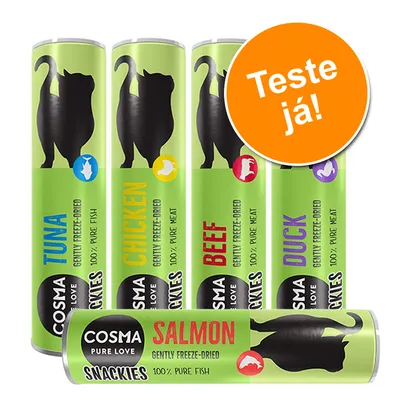 Cosma Pure Love Snackies para gatos, sabores visíveis: tuna, chicken, beef, duck e salmon. Texto em destaque: Teste já! Embalagens verdes com silhueta de gato.