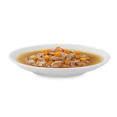 Nærbillede af en hvid tallerken med vådfoder bestående af kødstykker og orange grøntsagstern i sovs.