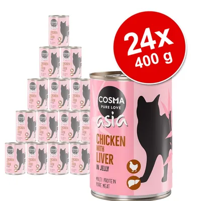 24x400 g Cosma Pure Love Asia Chicken with Liver in Jelly, Multi Protein Pure Meat. Dåser med lyserødt design og sort kattegrafik.