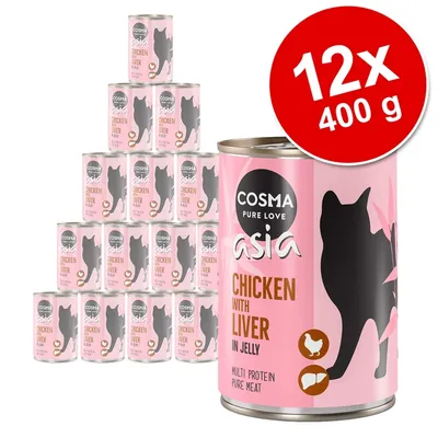 Lot de 12 boîtes Cosma Asia Chicken with Liver in Jelly, 400 g chacune. Texte visible : multi protein pure meat. Illustration de chat et pictogrammes poulet et foie.