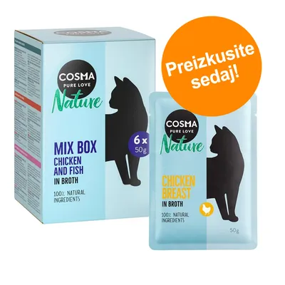 Cosma Nature Mix Box, 6 x 50 g, piščanec in riba v juhi. Vrečka: Chicken Breast in Broth, 50 g. 100 % natural ingredients. Oranžni krog z besedilom: Preizkusite sedaj! (besedilo v angleščini)