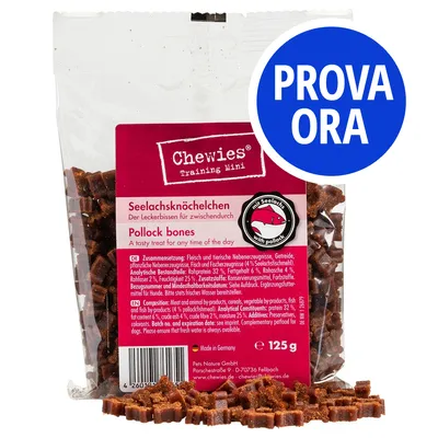 Chewies Training Mini Pollock bones, snack per cani con merluzzo, confezione da 125 g. Etichetta in tedesco e inglese. Bollino blu con testo: PROVA ORA.