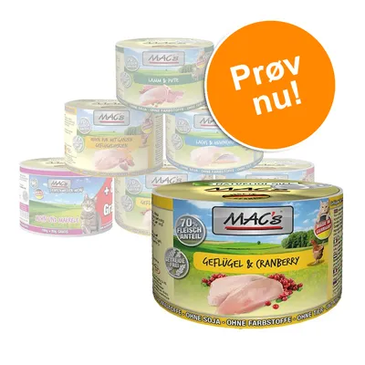 MAC's dåsefoder til kat, synlige varianter inkl. Geflügel & Cranberry, 70 % Fleischanteil, Getreidefrei, Prøv nu! står på orange cirkel