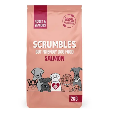 Scrumbles gut friendly dog food, salmon flavour for adult and senior dogs, 2kg pack, 100% recyclable packaging.