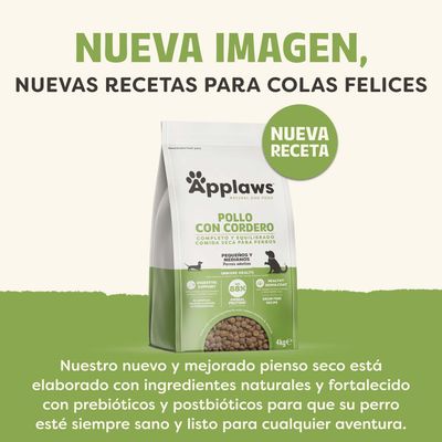 Applaws Pollo con Cordero, nueva receta, pienso para perros, ingredientes naturales, con prebióticos y postbióticos, paquete de 4 kg.