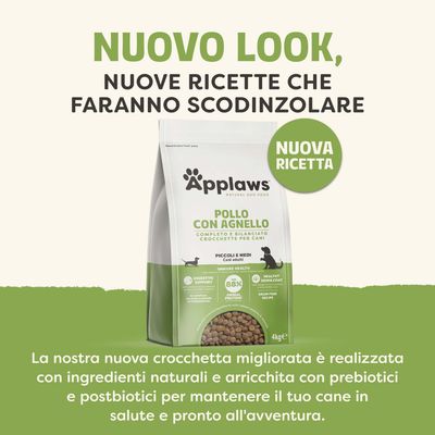 Applaws Pollo con Agnello, nuova ricetta. Crocchette complete ed equilibrate per cani con componenti naturali, prebiotici e postbiotici. Confezione da 4, kg.