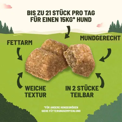 Bis zu 21 Stück pro Tag für einen 15kg Hund. Fettarm, mundgerecht, weiche Textur, in 2 Stücke teilbar. Für andere Hundegrossen siehe Fütterungsempfehlung.