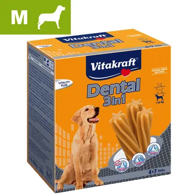 Confezione Vitakraft Dental 3 in 1 per cani taglia M, >10 kg, 4x7 sticks. Testo visibile: Vitality Plus, Sugar Free Recipe. Immagine di cane e snack dentali.
