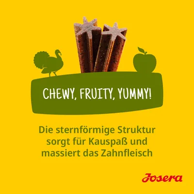 Josera Kausnack mit sternförmiger Struktur, sorgt für Kauspass und massiert das Zahnfleisch. Text: Chewy, Fruity, Yummy!