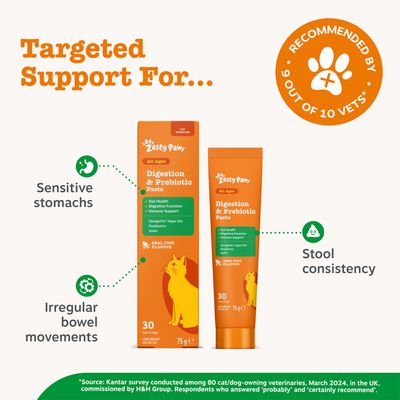 Zesty Paws Digestion & Prebiotic paszta minden életkor számára, 10-ből 9 állatorvos ajánlásával. Támogatja az érzékeny gyomrot, a széklet állagát, és segít a rendszertelen bélmozgások esetén.
