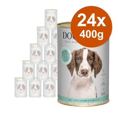 Confezione da 24 lattine da 400 g di DOG'S LOVE, visibile cane sull'etichetta, testo: 'ENTE', 'MIT TOPINAMBUR & KAROTTE'.