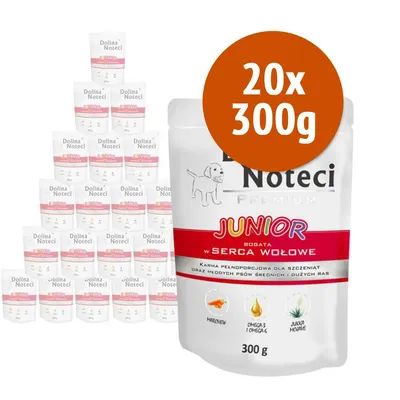 Dolina Noteci Premium Junior con cuori di manzo, confezione da 20 buste da 300 g ciascuna. Testo visibile: JUNIOR, bogata w serca wołowe, marchew, omega-3 i omega-6, yucca mojave. Dolina Noteci Premium Junior con cuori di manzo, confezione da 20 buste da 300 g ciascuna. Testo visibile: JUNIOR, bogata w serca wołowe, marchew, omega-3 i omega-6, yucca mojave.