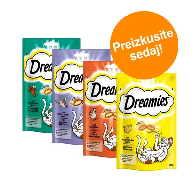 Štiri vrečke Dreamies priboljškov za mačke različnih okusov, vidno besedilo: 'Preizkusite sedaj!'. Štiri vrečke Dreamies priboljškov za mačke različnih okusov, vidno besedilo: 'Preizkusite sedaj!'.