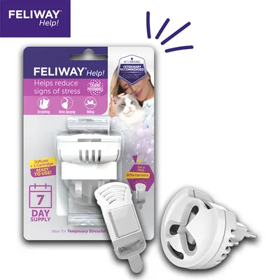 Feliway Help! diffuser with cartridge, helps reduce signs of stress such as scratching, urine spraying and hiding. Includes 7 day supply and free extra cartridge offer. Feliway Help! diffuser with cartridge, helps reduce signs of stress such as scratching, urine spraying and hiding. Includes 7 day supply and free extra cartridge offer.