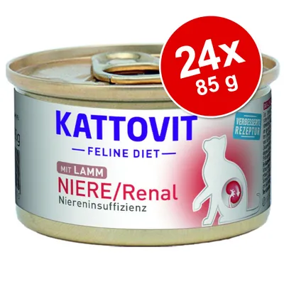Conservă Kattovit Feline Diet NIERE/Renal mit Lamm, 24x85g. Text vizibil: Niereninsuffizienz, Verbessert Rezeptur. Conservă Kattovit Feline Diet NIERE/Renal mit Lamm, 24x85g. Text vizibil: Niereninsuffizienz, Verbessert Rezeptur.
