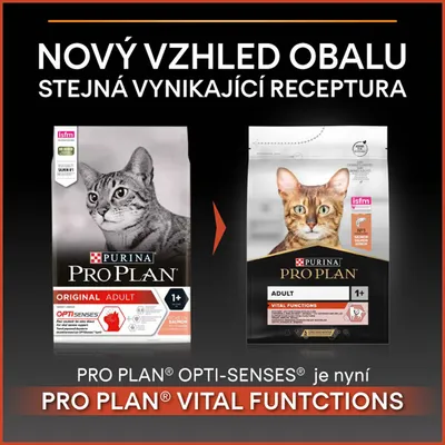 Porovnanie starého a nového obalu krmiva Purina Pro Plan pre dospelé mačky 1+, pôvodne Opti-Senses, teraz Vital Functions. Text v češtine: Nový vzhled obalu, stejná vynikající receptura.