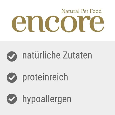 Encore Natural Pet Food. Eigenschaften: natürliche Zutaten, proteinreich, hypoallergen.