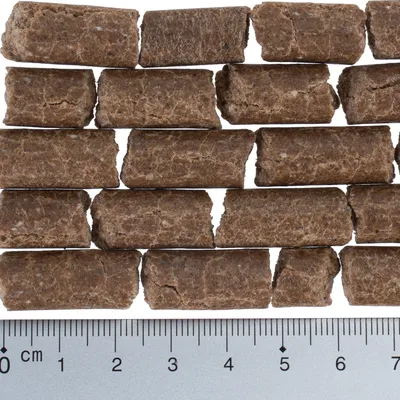 Primer plano de trozos de snack marrones con una escala en centímetros para determinar el tamaño.