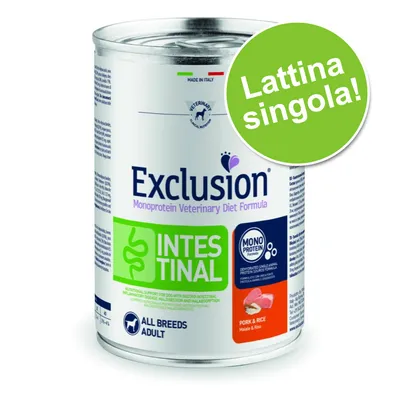 Exclusion Monoprotein Veterinary Diet Formula Intestinal, lattina singola, maiale e riso, per cani adulti di tutte le razze. Testo visibile: Made in Italy, Mono Protein Formula.