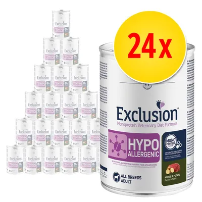 24 x Exclusion Monoprotein Veterinary Diet Formula HYPOALLERGENIC -purkkiruokaa, näkyvissä hevonen & peruna, aikuisille koirille. Iso keltainen merkki: 24x.